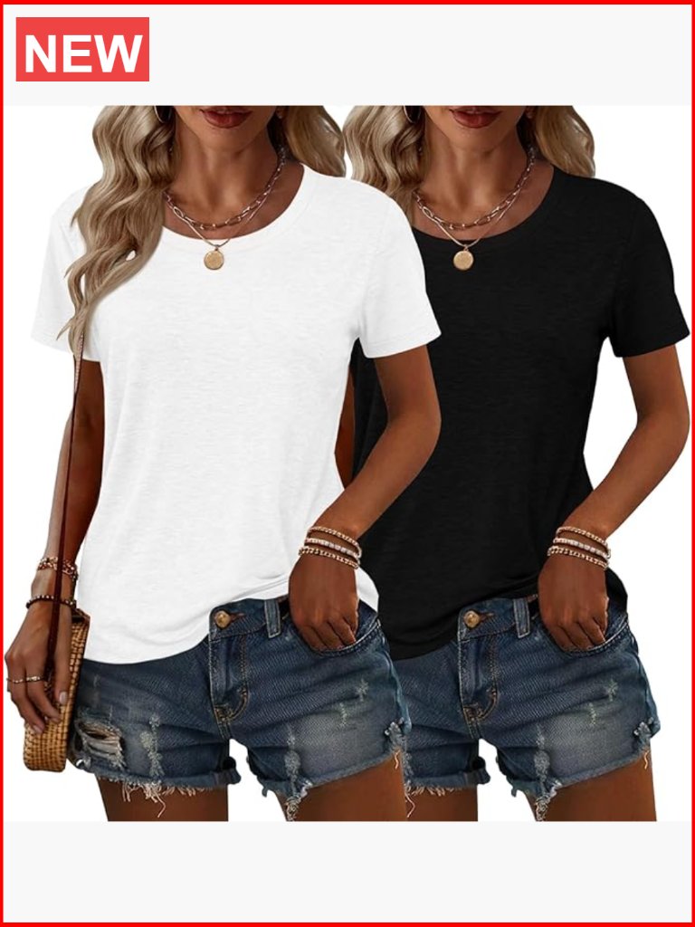 Womens 2Pack Short Sleeve Crew Neck TShirts Basic Solid Soft Lightweight